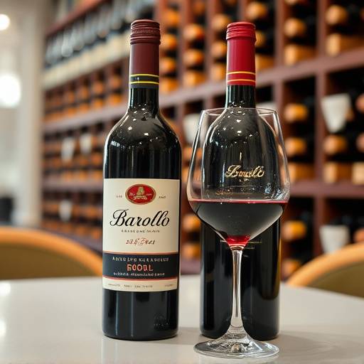 Bottiglia di Barolo con bicchiere, su una tavola imbandita in una cantina