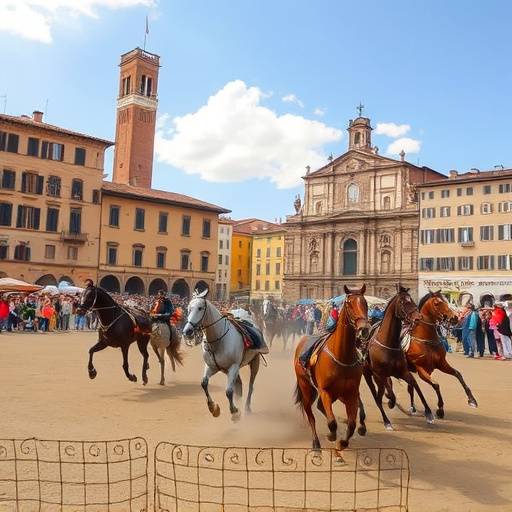 Cavalli che corrono durante il Palio di Siena nella Piazza del Campo