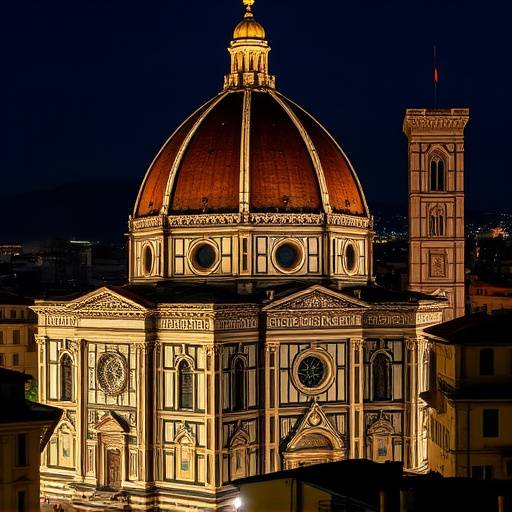 Il Duomo di Firenze illuminato di notte, con la cupola del Brunelleschi che domina il panorama