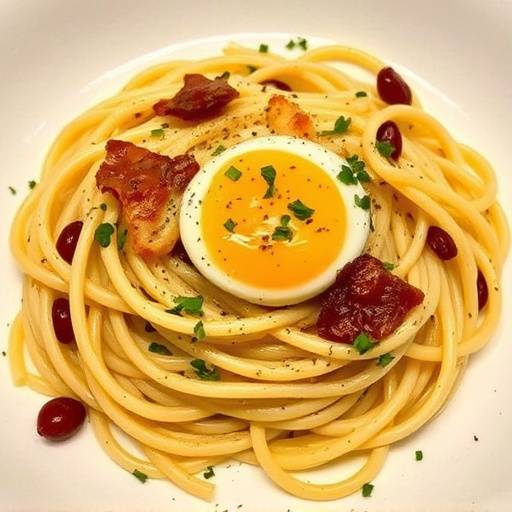 Pasta alla carbonara con guanciale croccante e uovo fresco, pronta per essere gustata