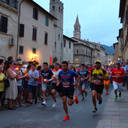 Portatori che corrono con i ceri durante la Festa dei Ceri a Gubbio