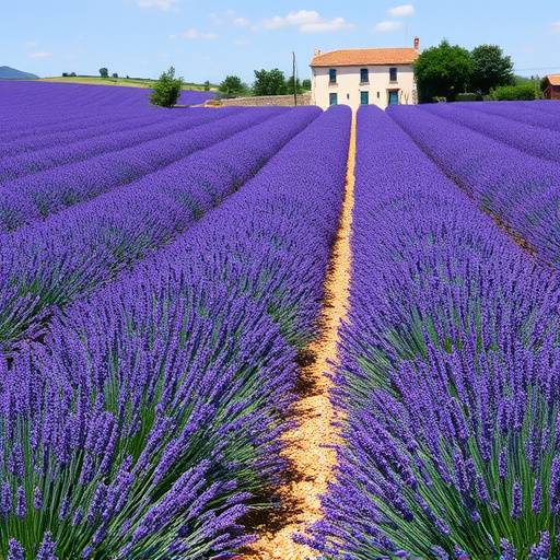 Un campo di lavanda in fiore in Provenza, con una casa colonica sullo sfondo