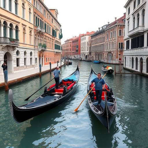 Un gondoliere che rema in un canale di Venezia, con palazzi storici sullo sfondo