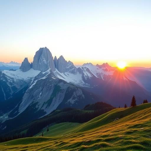 Un panorama mozzafiato delle Dolomiti al tramonto, con cime innevate e prati verdi