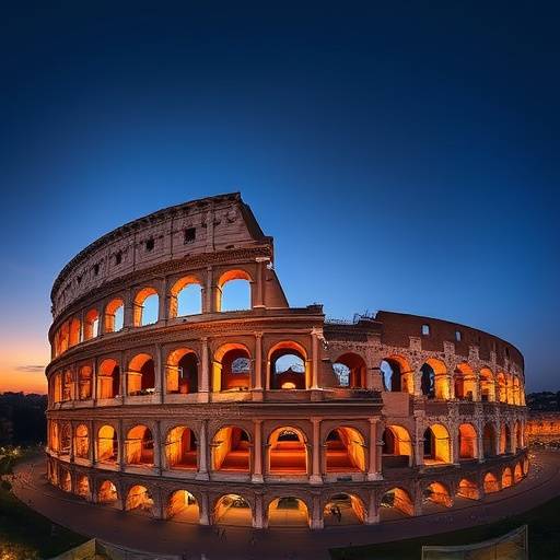 Veduta panoramica del Colosseo illuminato al tramonto