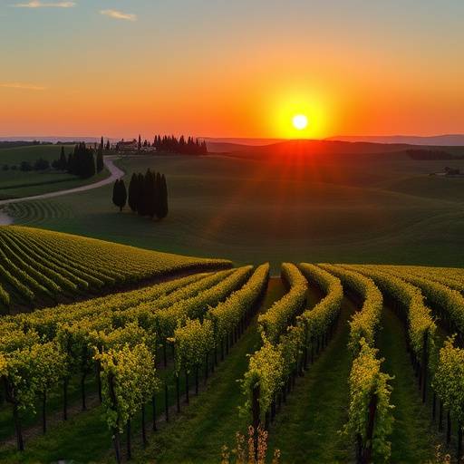 Vigneti del Chianti al tramonto, con colline dolci e cipressi