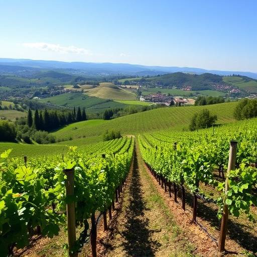 Vigneti di Prosecco con le colline del Veneto sullo sfondo