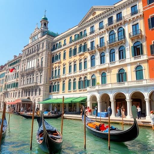 Vista di un hotel di lusso a Venezia con gondole che passano
